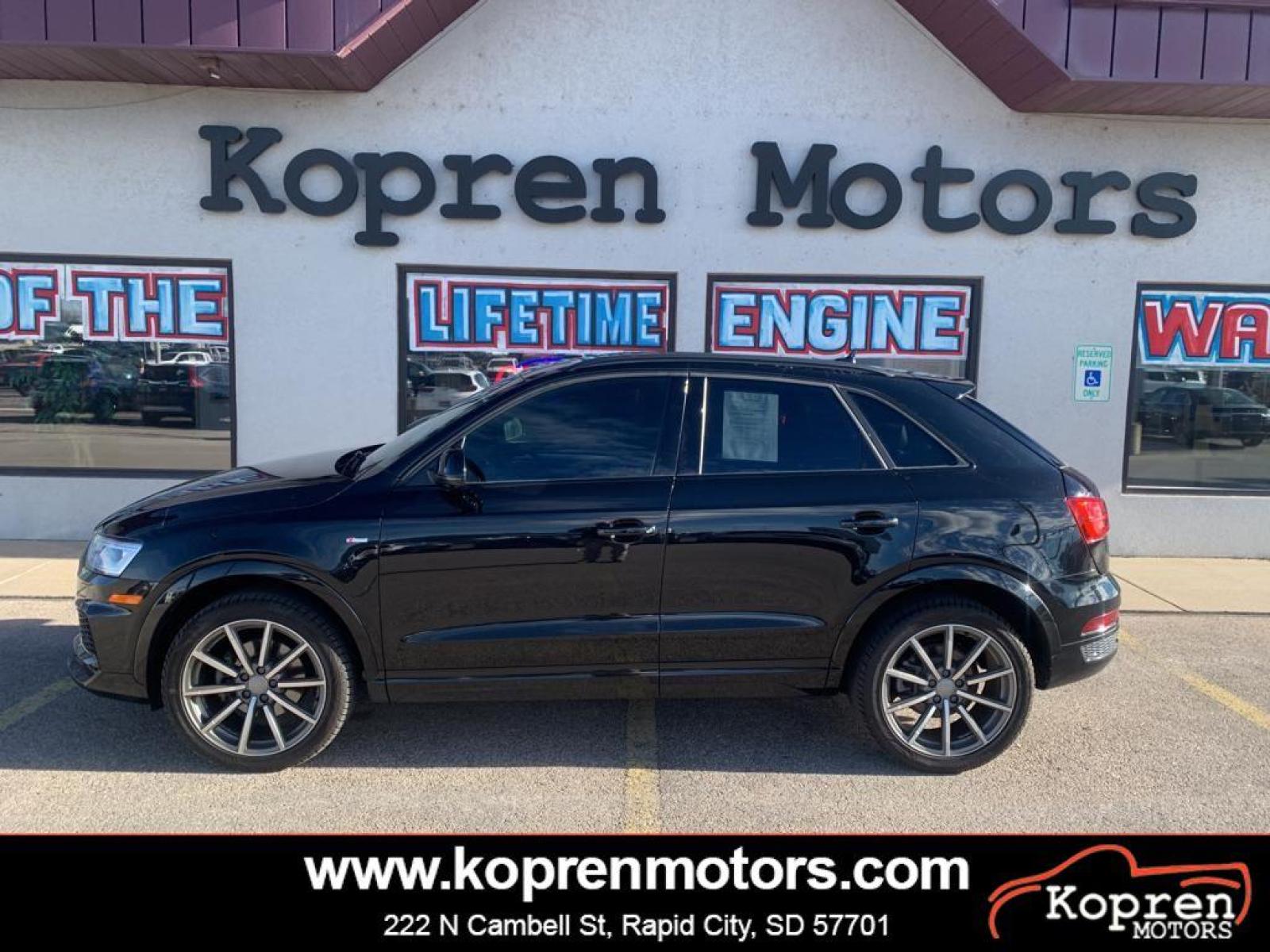 2018 Brilliant Black /Black Audi Q3 Premium Plus (WA1JCCFS1JR) with an L4, 2.0L engine, 6-speed automatic transmission, located at 222 N Cambell St., Rapid City, SD, 57701, (866) 420-2727, 44.081833, -103.191032 - <b>Equipment</b><br>Protect this model from unwanted accidents with a cutting edge backup camera system. The rear parking assist technology on this unit will put you at ease when reversing. The system alerts you as you get closer to an obstruction. This mid-size suv features a hands-free Bluetooth - Photo #0