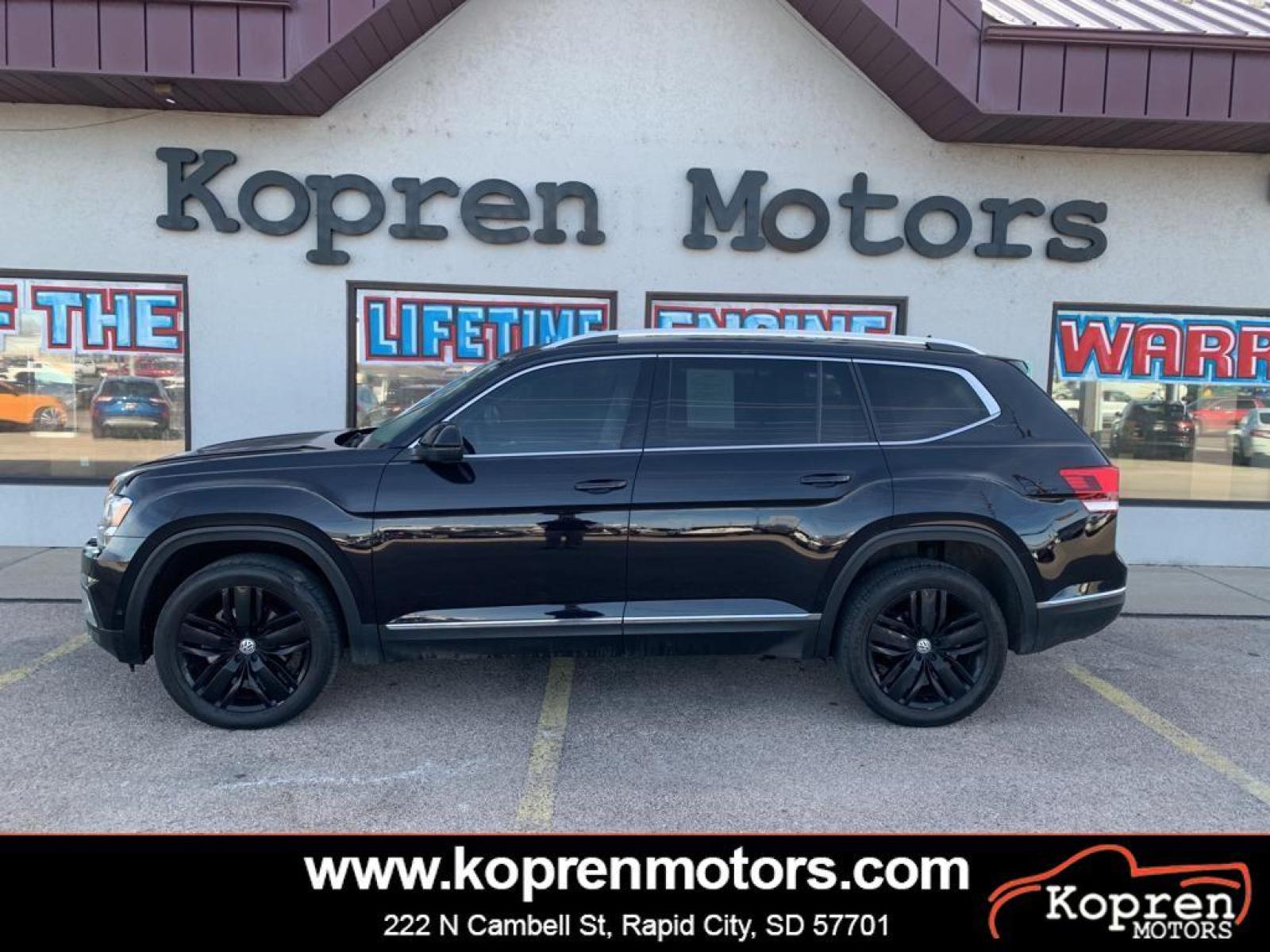 2019 Deep Black Pearl /Shetland Beige Volkswagen Atlas 3.6L V6 SEL Premium (1V2NR2CAXKC) with an V6, 3.6L engine, 8-speed automatic transmission, located at 222 N Cambell St., Rapid City, SD, 57701, (866) 420-2727, 44.081833, -103.191032 - <b>Equipment</b><br>Protect this 2019 Volkswagen Atlas from unwanted accidents with a cutting edge backup camera system. This model has auto-adjust speed for safe following. This Volkswagen Atlas offers Apple CarPlay for seamless connectivity. Good News! This certified CARFAX 1-owner vehicle has on - Photo #0